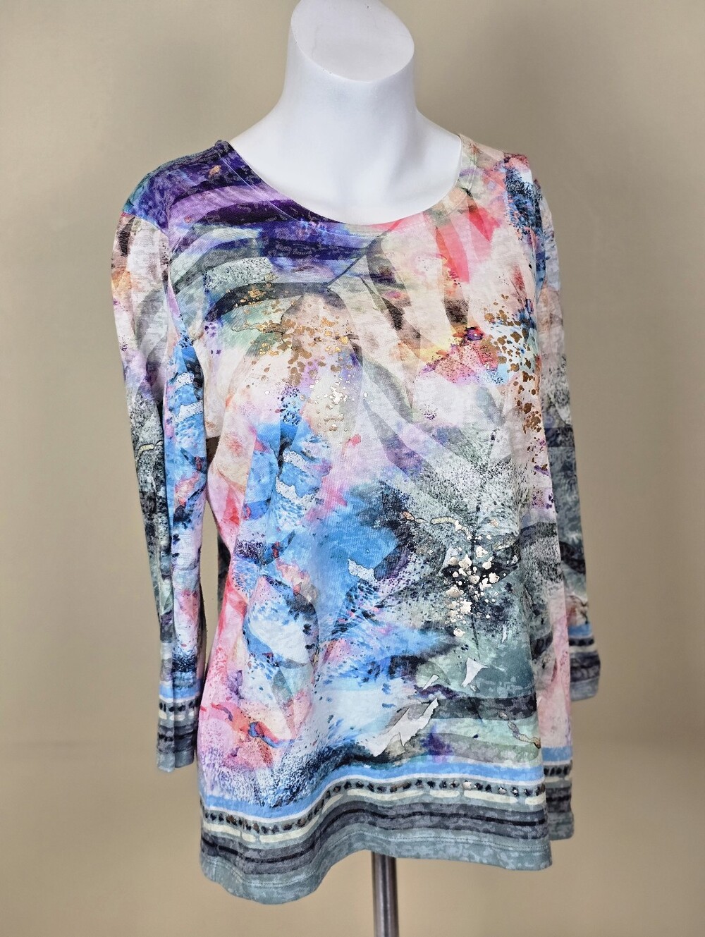 Northern Reflections Watercolor Abstract Floral Burnout 3/4 Sleeve Top Sz Small